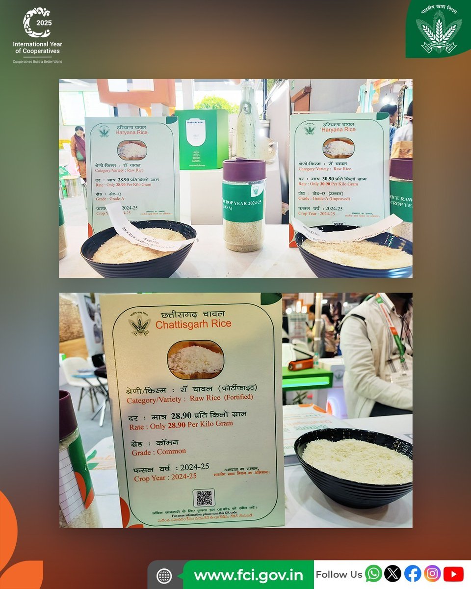 FCI_India's tweet photo. Rice at an Economical Price!  

Discover various varieties of rice sourced from 6 regions of India, all under one roof at the FCI Stall, IITF 2025. 

Visit us at the Hall no 06 (Stall No. H-06/06-42-A), India International Trade Fair 2025, #BharatMandapam.  

#IITF2025 #TradeFair https://t.co/qM2Em8M7yG