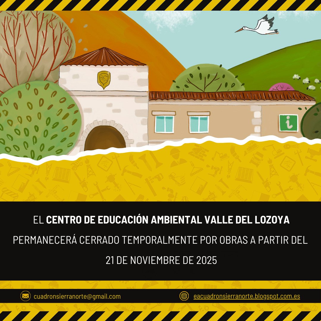 🚧 Os informamos que el Centro de educación ambiental Valle del Lozoya permanecerá cerrado temporalmente por obras a partir de hoy 21 de noviembre. 

Nuestro programa de actividades seguirá realizándose de manera habitual.

Más info: 📞 918694279, 📩 cuadronsierranorte@gmail.com