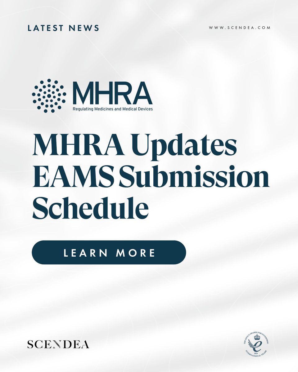 scendea's tweet image. The @MHRAgovuk has updated its Early Access to Medicines Scheme (EAMS) Overview guidance to revise the “Dates for submission, Day 1 and Day 45” table.
-
For UK regulatory support, get in touch: scendea.com/contact
-
#drugdevelopment #earlyaccesstomedicines #MHRA