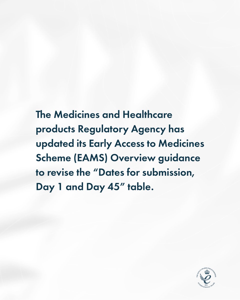scendea's tweet image. The @MHRAgovuk has updated its Early Access to Medicines Scheme (EAMS) Overview guidance to revise the “Dates for submission, Day 1 and Day 45” table.
-
For UK regulatory support, get in touch: scendea.com/contact
-
#drugdevelopment #earlyaccesstomedicines #MHRA