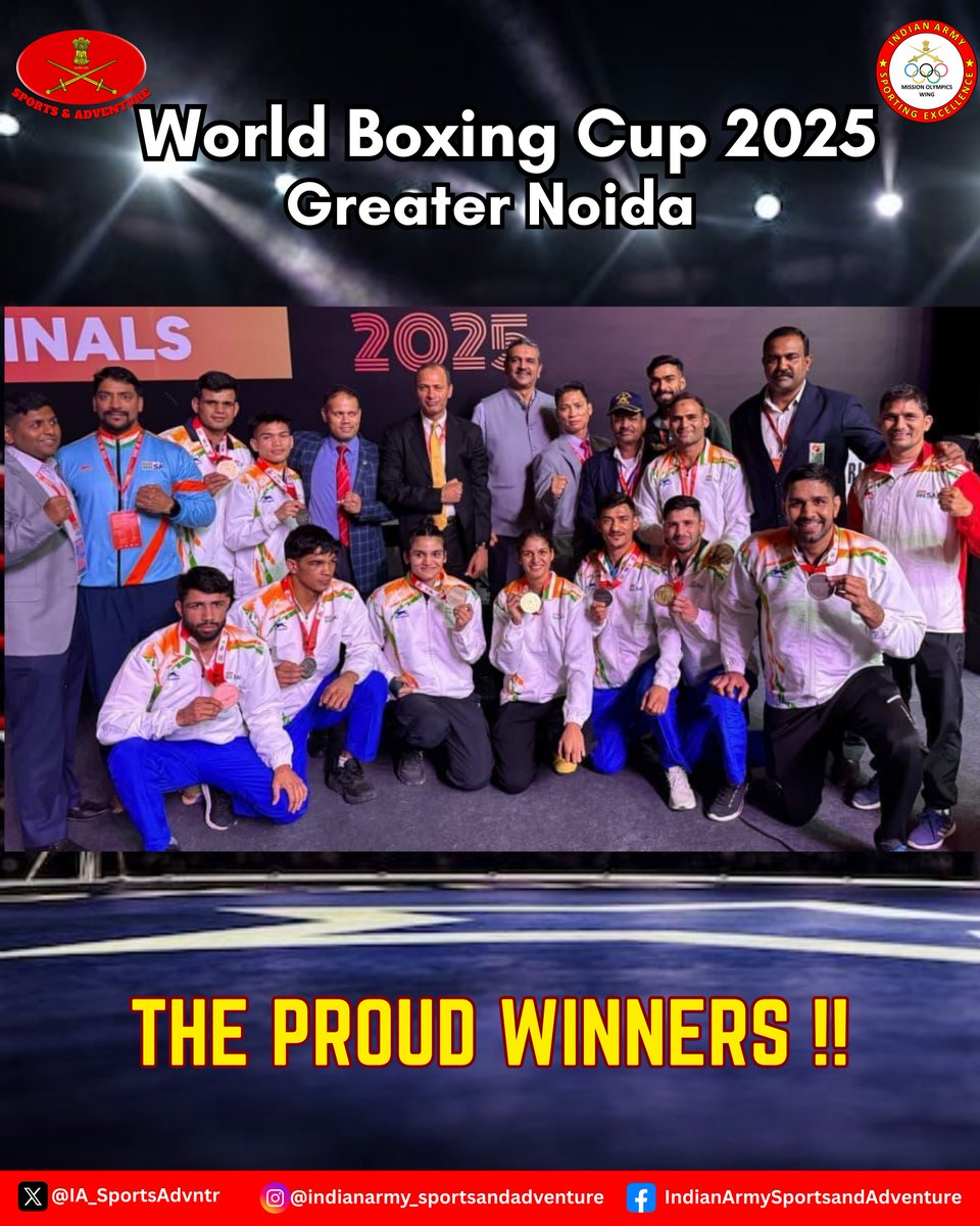 IA_SportsAdvntr's tweet image. Indian Army boxers deliver a thunderous performance at the #WorldBoxingCup  Greater Noida 2025.

In a display of sheer dominance, all Nine #IndianArmy pugilists who entered the ring finished on the podium including Two women winning two gold— a rare and remarkable first.

The…