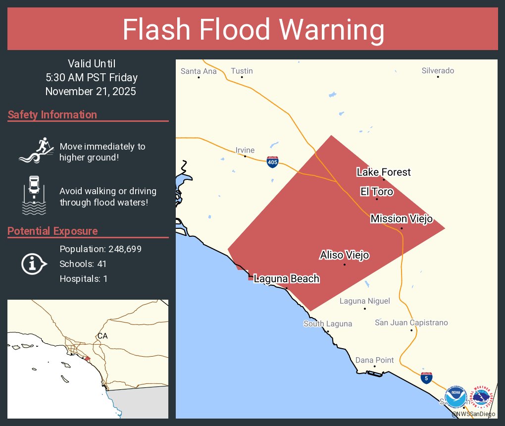 NWSSanDiego's tweet image. Flash Flood Warning including Mission Viejo CA, Lake Forest CA and  Aliso Viejo CA until 5:30 AM PST