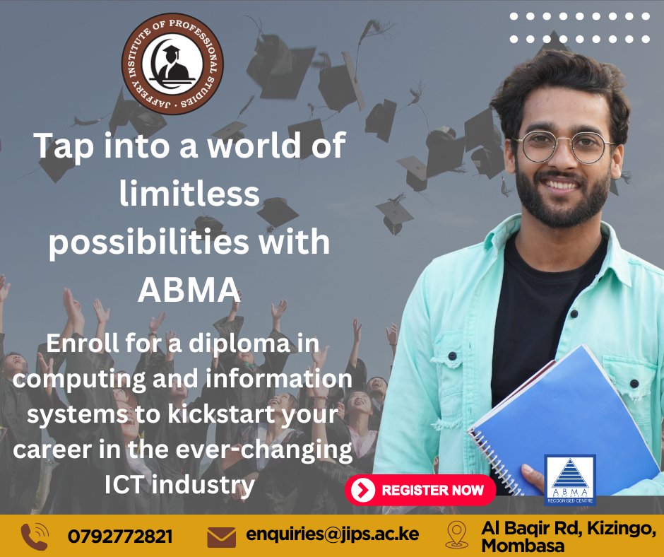 JIPSkenya's tweet image. Why Study ABMA at JIPS?

Unlock your future in Computing with globally recognized ABMA qualifications — taught by experienced tutors, in a supportive, career-focused environment. 💼🌍

👉 Start your journey with us today — where skills meet opportunity!