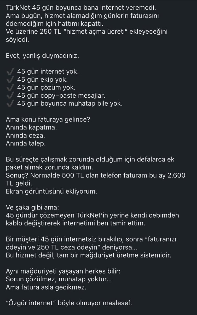 burcucanik1's tweet image. TürkNet ile yaşadığım 45 günlük mağduriyeti paylaşmak istiyorum.

@Turknet 
#turknet #internet #müşteri #şikayet #hizmet #çözümyok