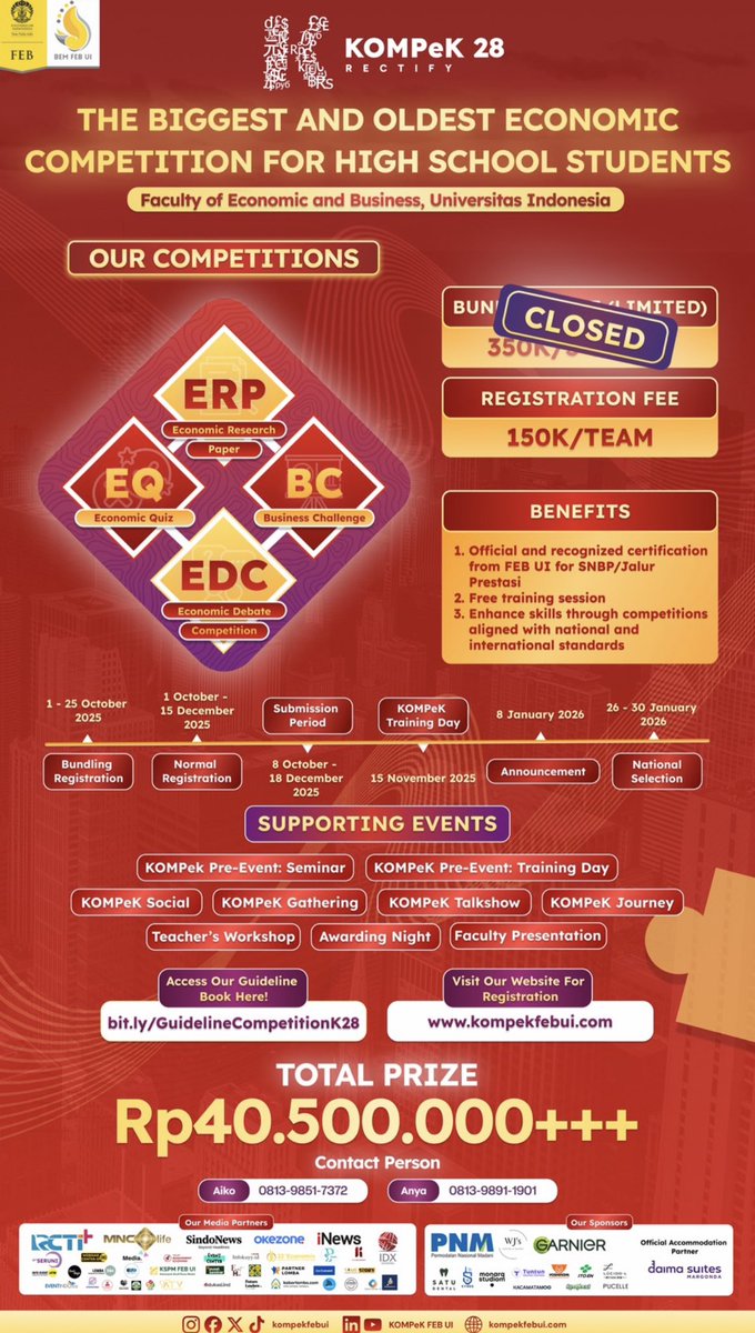 📢[KOMPeK 28 OPEN REGISTRATION]

kemaren makan nasi
hari ini makan lauk
kalau mau masuk ui
kata gw ikut KOMpeK yuk

tunggu apa lagi⁉️ kata gw jangan sampe nge sia-siain kesempatan untuk dapetin sertifikat ternama untuk snbp  yap😓

Registration at [kompekfebui.com] 💫💥🚀