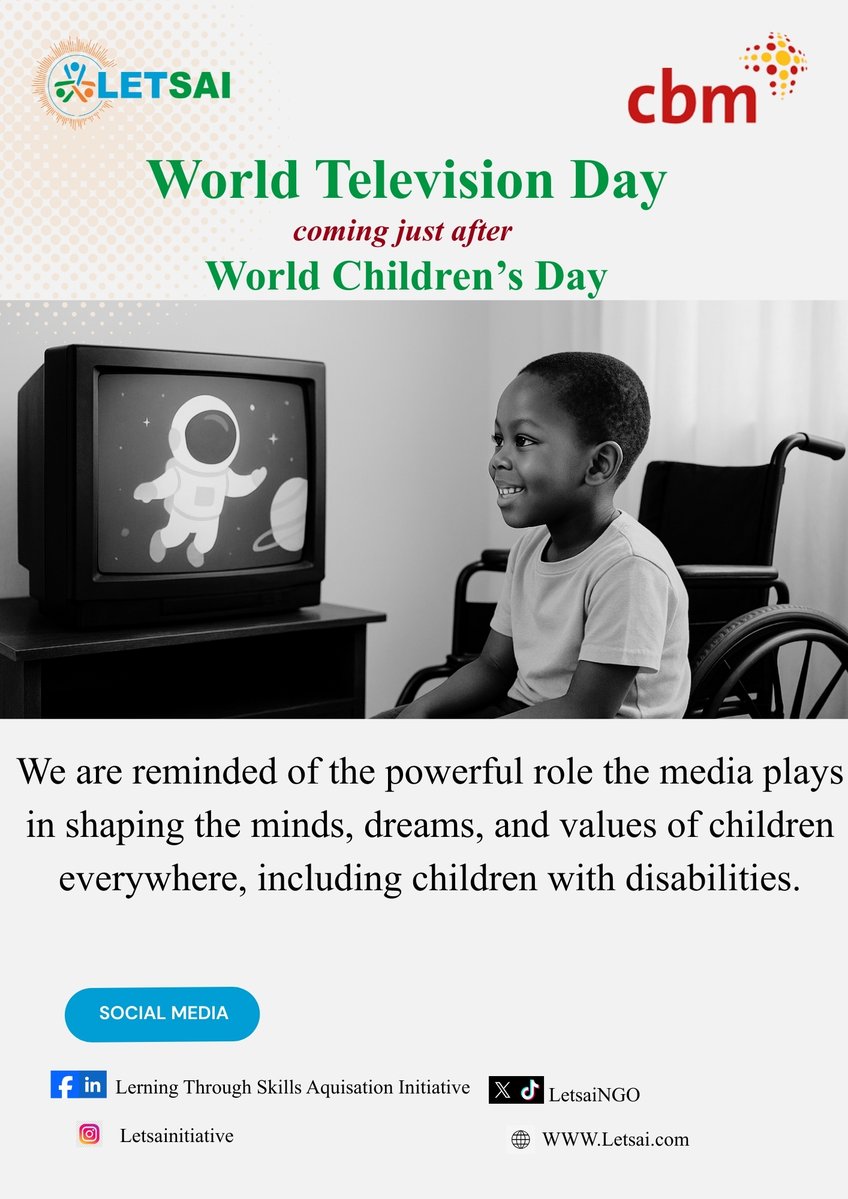 LetsaiNgo's tweet image. Television is more than a source of entertainment. It is a learning tool, a window into the world, and a platform that can either reinforce stereotypes or inclusion for children with disabilities

#WorldTelevisionDay 
#WorldChildrensDay 

@UNICEF_Nigeria 
@UN
@UNWomenWatch