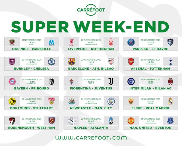 Carre_foot's tweet photo. SUPER WEEK-END : Les affiches de ce week-end sont servies !
#SuperWeekend #Bundesliga #Ligue1 #Laliga #PremierLeague #SérieA #Carréfoot https://t.co/Joc3tvyn81