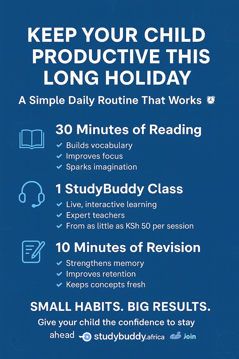 StudyBuddyAfr's tweet image. Help your child stay sharp and productive this long holiday!
Try this easy, high-impact daily routine ✨⏰

studybuddy.africa

#studybuddy #ParentTips #OnlineTutoring