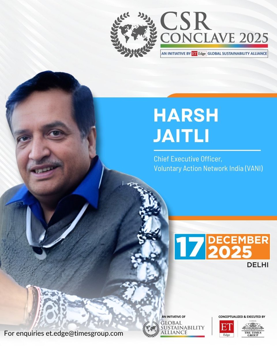 We are honoured to welcome Harsh Jaitli, Chief Executive Officer at Voluntary Action Network India (VANI), as a distinguished speaker at the CSR Conclave 2025.​

This year’s Conclave brings together India’s most influential CSR leaders, policymakers, foundations, and changemakers