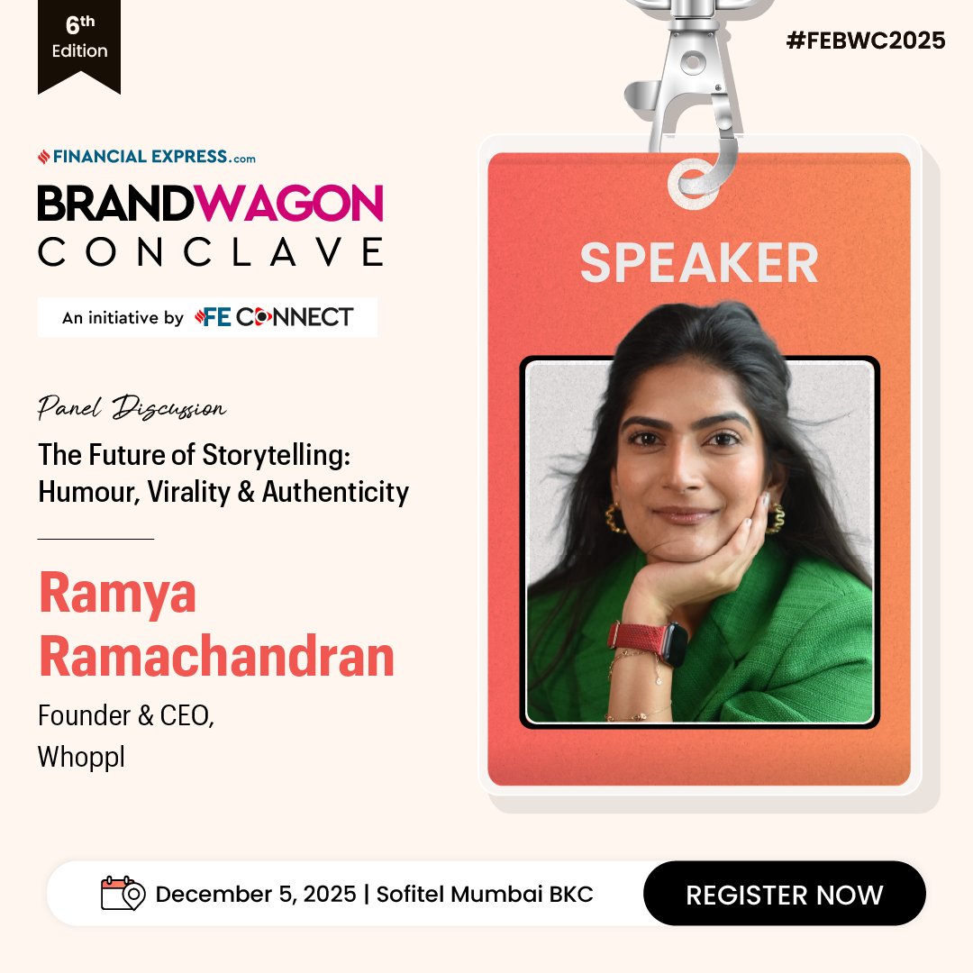 FEBrandWagon's tweet image. Ramya Ramachandran, Founder &amp;amp; CEO, Whoppl. will join us for panel discussion on &quot;The Future of Storytelling: Humour, Virality &amp;amp; Authenticity&quot; at the FE BrandWagon Conclave 2025.

📅 December 5, 2025 |📍 Sofitel Mumbai BKC
🔗 Register Now: shorturl.at/1y1iW

#FEConnect
