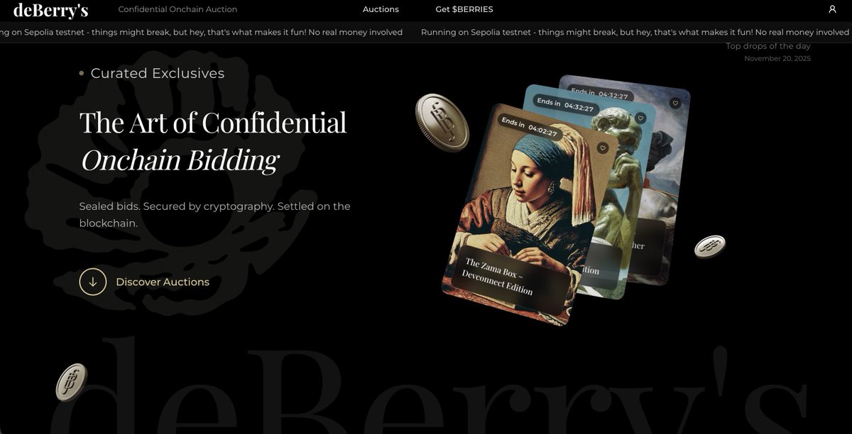 WWTLitee's tweet image. Zama @zama  与 deBerry&apos;s @deberrys_xyz  合作上线了链上密封投标拍卖平台

核心机制：
    所有出价通过 Zama 的 fhEVM 进行全同态加密，投标金额全程不可见，智能合约在密文状态下仍能正确比较大小并选出最高价。拍卖结束后，只有获胜者可解密并领取资产，其余投标永久保密。

当前成果：…
