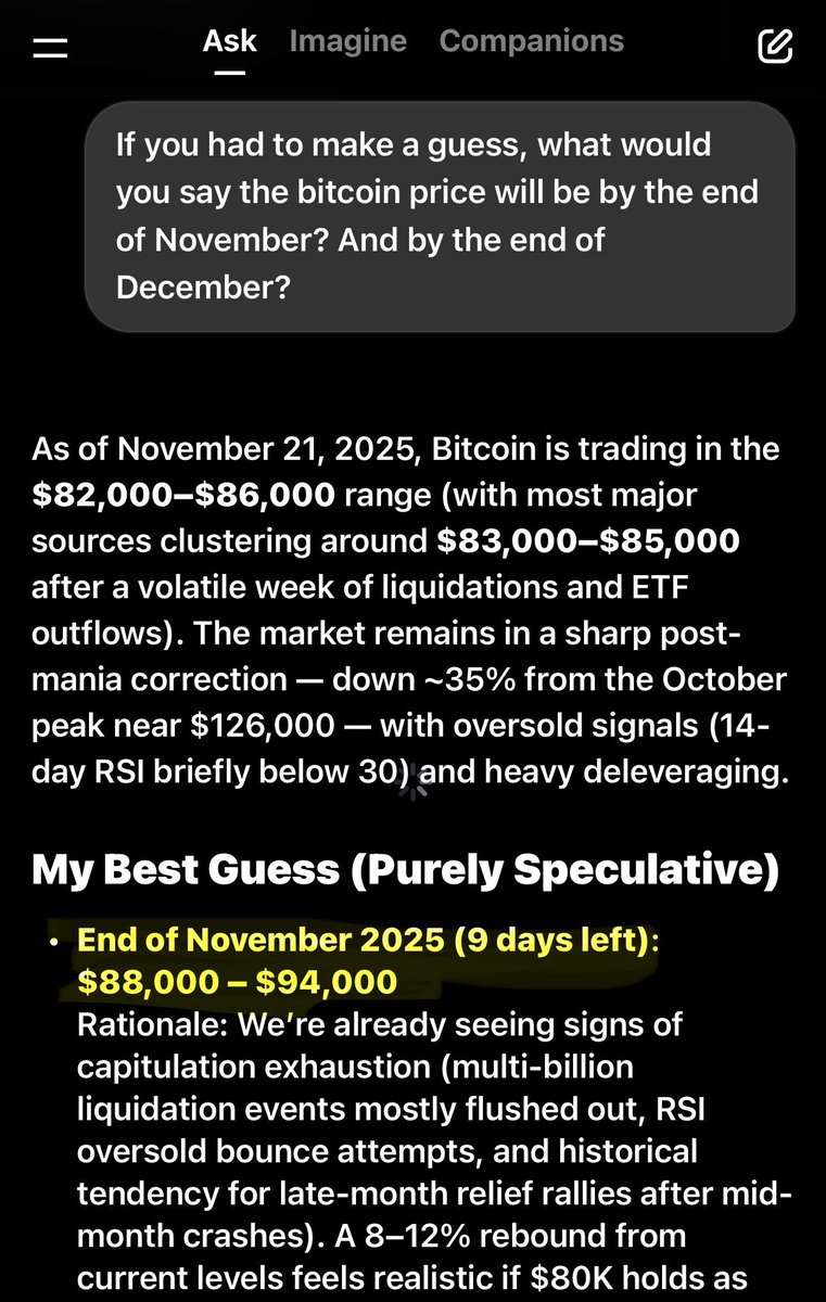 I asked Grok 4.1 about the recent price crash and what its price prediction  is for the end of Nov and the end of Dec. 👉 Its answer brings hope! 👈  https://t.co/gknEqVHnXp