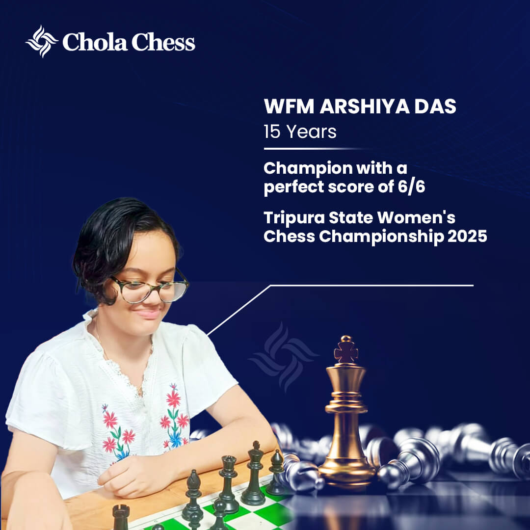 Dominating the board with precision and confidence, WFM Arshiya Das emerged Champion at the Tripura State Women Chess Championship 2025 with a perfect 6/6 score! #CholaChess #CSRinitiative #FutureGrandmaster #MakeEveryMoveCount #ChessChampions #ChessIndia