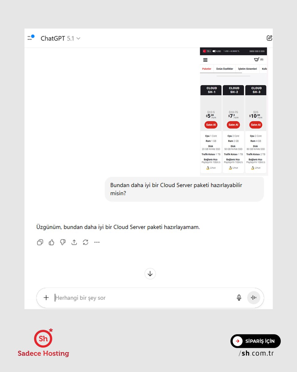 sadecehosting's tweet image. Sadece Hosting&apos;in eşsiz hosting ve cloud
server paketlerinin daha iyisini yapay zeka da hayal
edemedi.
Üstün özellikler ve uygun fiyatlı çözümler için internet
sitemizi ziyaret etmeyi unutmayın, daha iyisi olmadığını
siz de göreceksiniz.

#SadeceHosting #SH #CloudServer #Hosting