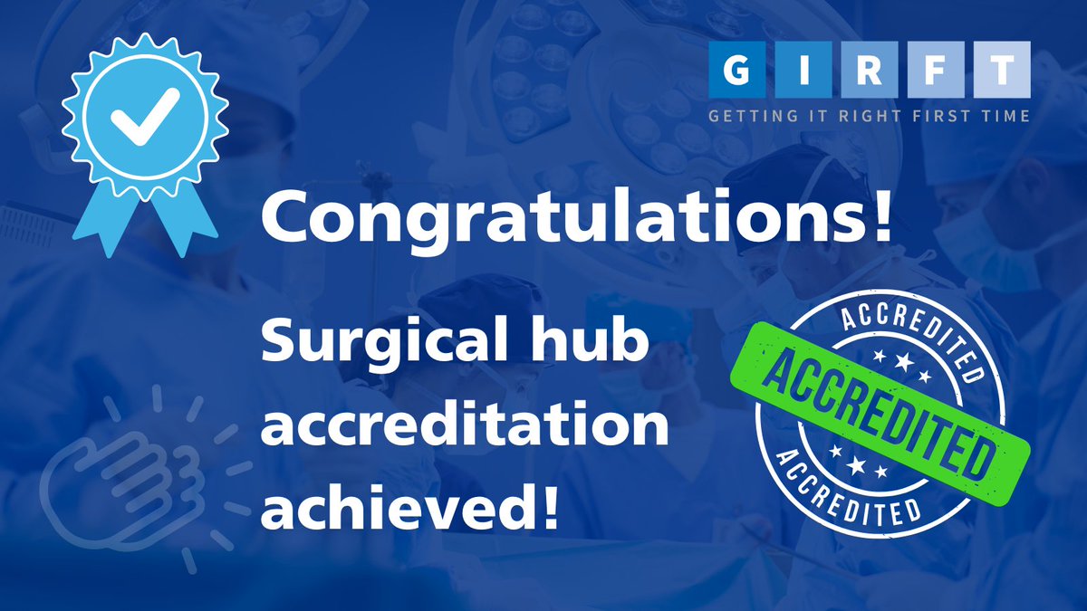 NHSGIRFT's tweet image. 🎉Congratulations to 10 elective surgical hubs awarded GIRFT accreditation for meeting the highest clinical standards.

Read more about which hubs have joined the 63 hubs across England that have now been accredited: ow.ly/rZmf50XvH06

@RCSnews @RCoANews
#NHS #FurtherFaster