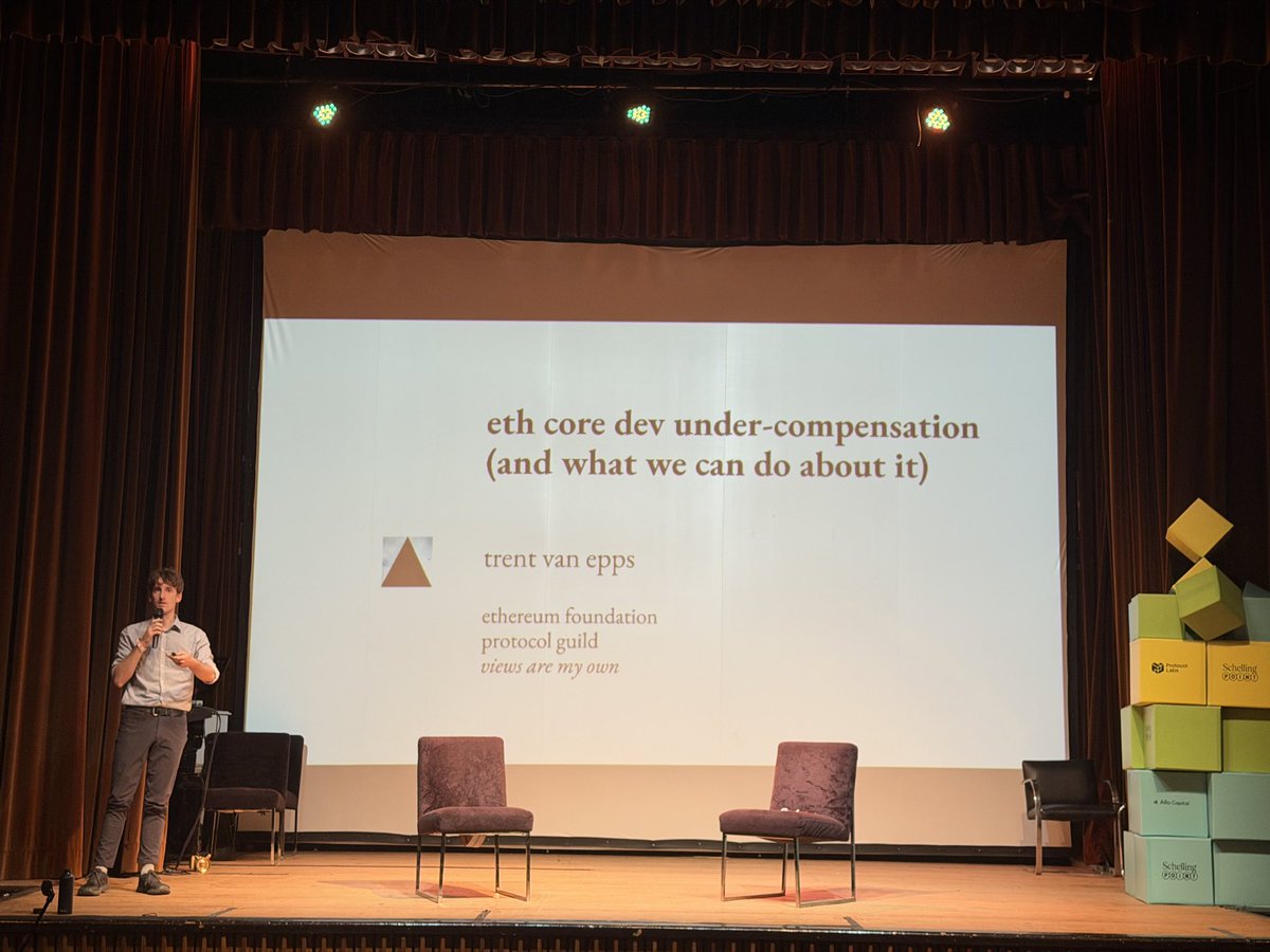 ProtocolGuild's tweet image. From yesterday&apos;s talk at Schelling Point, @trent_vanepps shared the realities of undercompensation for core developers (and what we can do about it)
