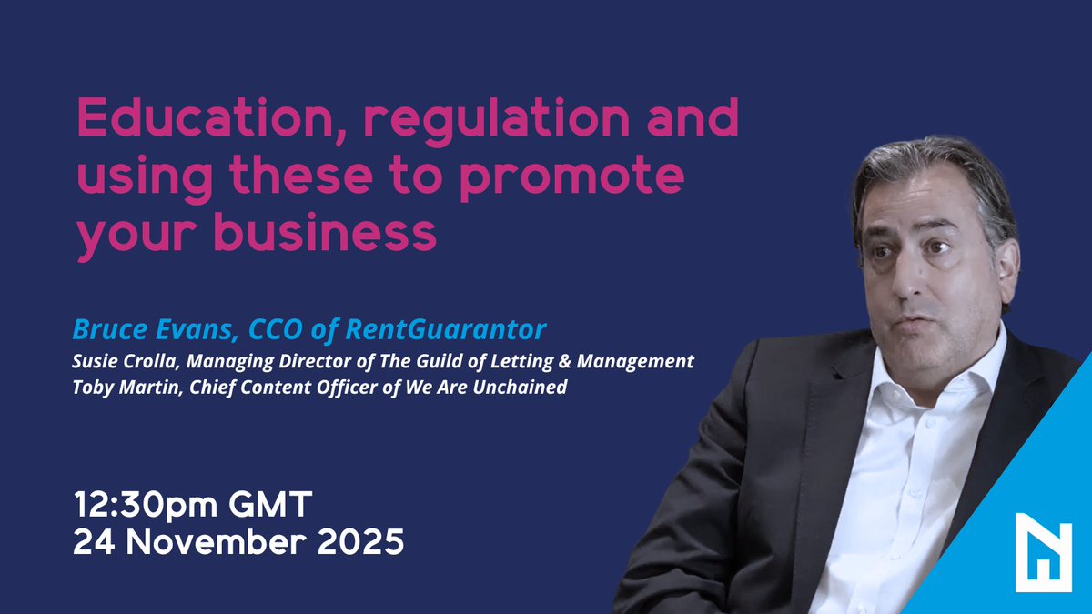 Bruce Evans, CCO of RGG, is hosting a webinar at 12:30pm on 24 Nov. The session, titled ‘Education, regulation and using these to promote your business’, will feature a discussion on how agents can stand out in a sector shaped by the Renters’ Rights Act ➡️ propertymark.co.uk/careers-learni…