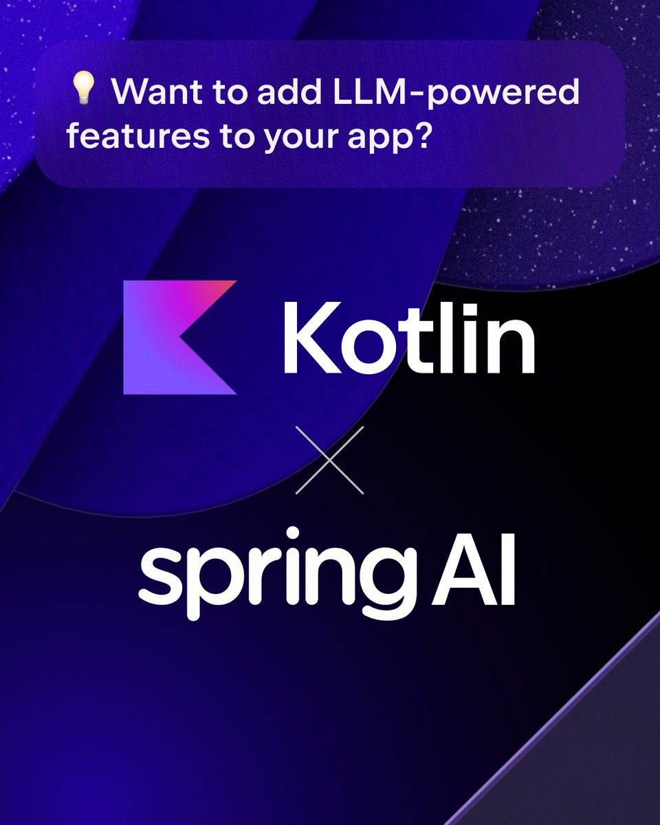 intellijidea's tweet image. 🤖Thinking about adding AI features to your app?
Spring AI and @kotlin make it straightforward to connect to LLMs, generate structured output, stream responses, and run RAG pipelines – all with concise, type-safe Kotlin code.
🔗Learn more: kotl.in/spring-ai-exam…