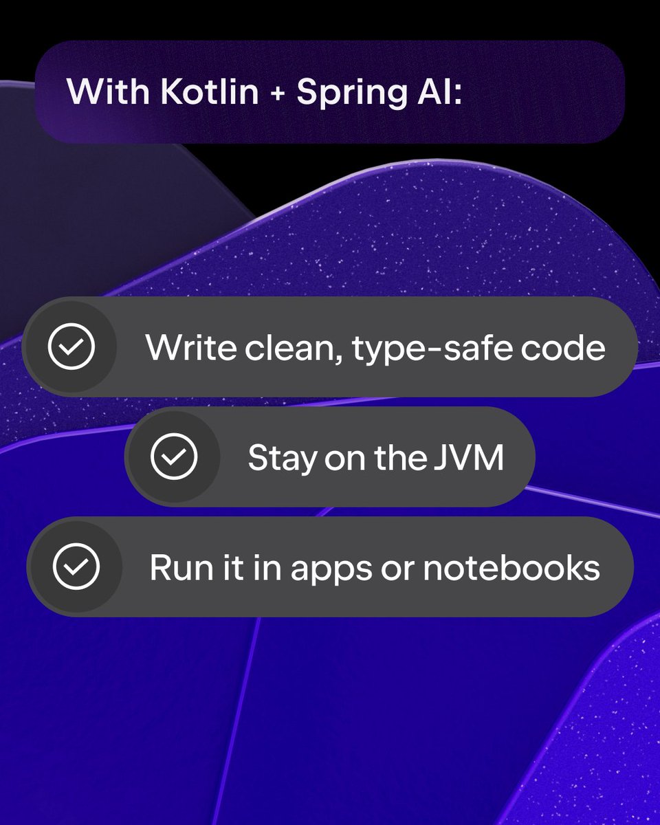 intellijidea's tweet image. 🤖Thinking about adding AI features to your app?
Spring AI and @kotlin make it straightforward to connect to LLMs, generate structured output, stream responses, and run RAG pipelines – all with concise, type-safe Kotlin code.
🔗Learn more: kotl.in/spring-ai-exam…
