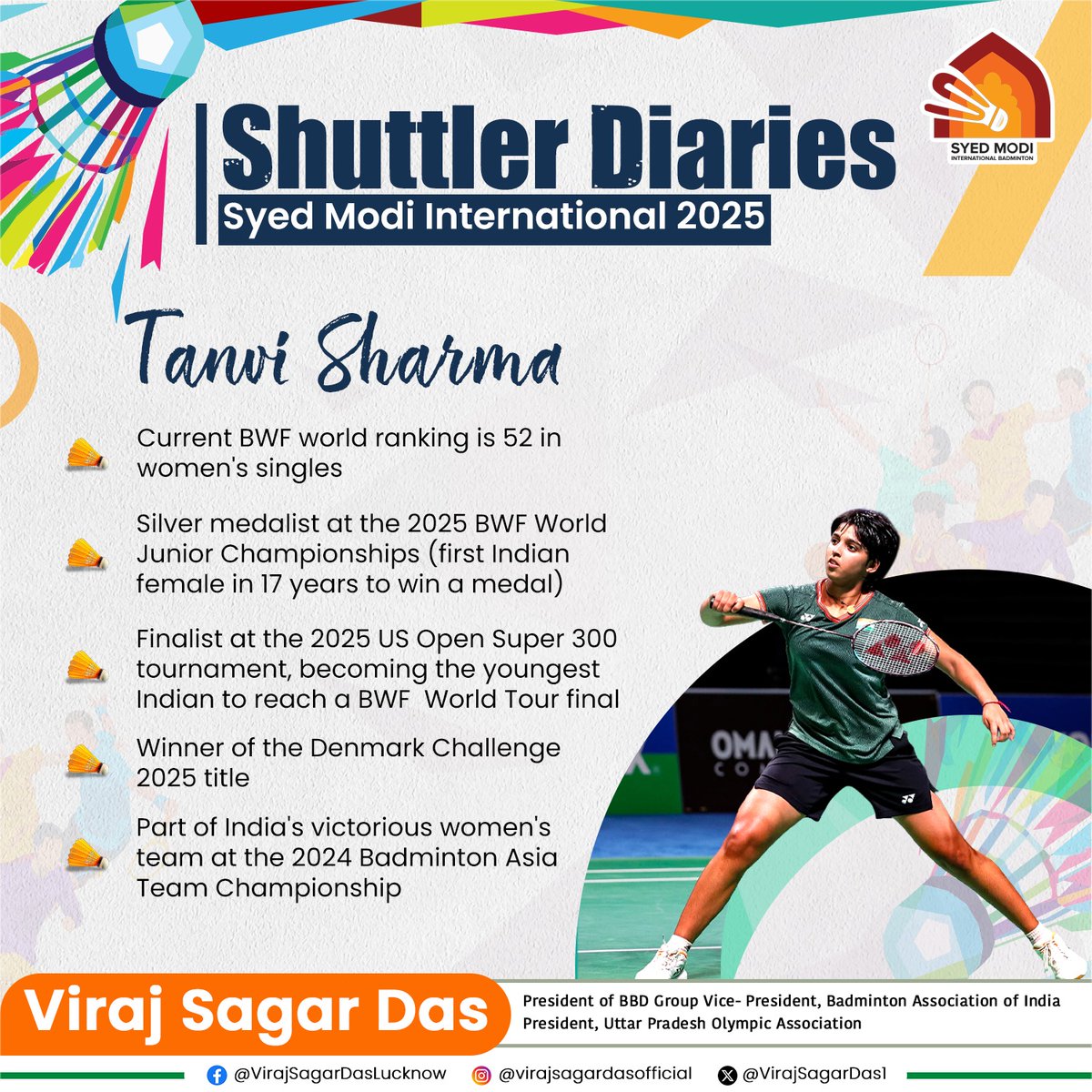 VirajSagarDas1's tweet photo. #ShuttlerDiaries: Tanvi Sharma, India’s young badminton sensation and silver medallist at the 2025 BWF World Junior Championships, is set to light up the Syed Modi International 2025 in Lucknow. 

With her brilliant skills and fighting spirit, Tanvi aims to continue her inspiring journey and make her mark on the senior circuit. 

Cheer for the rising star as she battles for glory on the big stage!

#sayedmodi #badminton #upbadminton #badmintonaddict

@UPBadmintonA