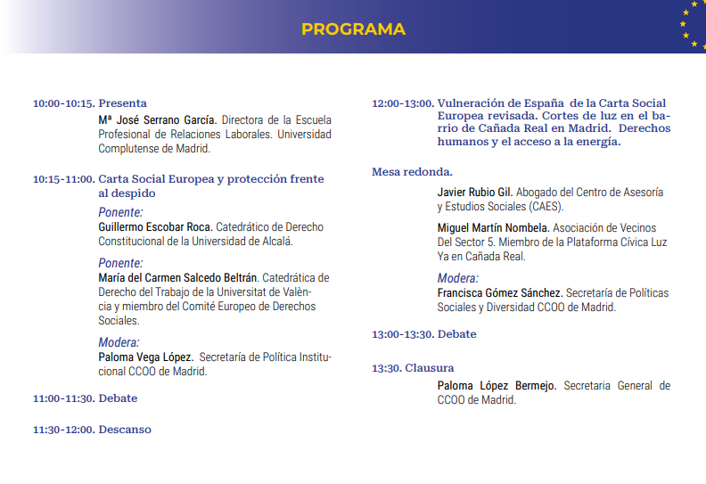 Este próximo lunes, nuestro compañero <a href="/JavierRubioTT/">Javier Rubio</a> estará en la <a href="/unicomplutense/">Complutense</a> en las jornadas sobre "Luces y sombras de Varta Social Europea en España".

organizada por la Escuela de Relaciones Laborales de la Complutense y en colaboración con <a href="/CCOO/">COMISIONES OBRERAS</a>.

Aquí el programa! 👇🏽