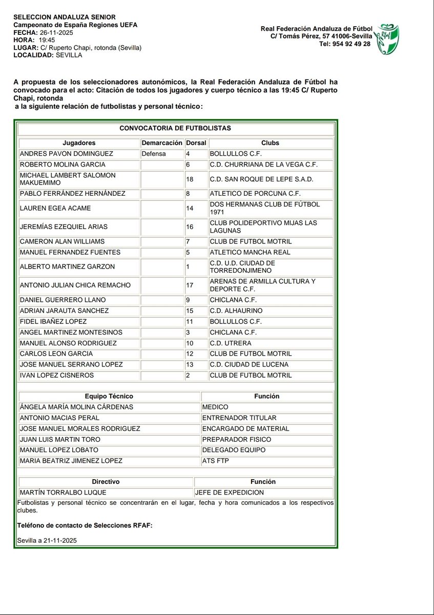 Buenos días Futboler@s, ya disponemos de lista definitiva de la #AndaluzaSénior <a href="/RFAF/">RFAF</a> para la 1ª Fase de #CopaRegionesUEFA. <a href="/UEFAcom_es/">UEFA.com en español</a> <a href="/rfef/">RFEF</a> 

Dirigida por <a href="/Antoniomacias86/">Antonio Macías</a> y formada por jugadores de <a href="/cf_churriana/">𝗖𝗵𝘂𝗿𝗿𝗶𝗮𝗻𝗮 𝗱𝗲 𝗹𝗮 𝗩𝗲𝗴𝗮 𝗖𝗙</a>, <a href="/atporcuna/">Atlético Porcuna C.F.</a>, <a href="/cpmlaslagunas/">C.P. Mijas-Las Lagunas</a>, <a href="/CFMOTRIL/">C.F. MOTRIL</a>, <a href="/atmanchareal/">Atlético Mancha Real</a>,