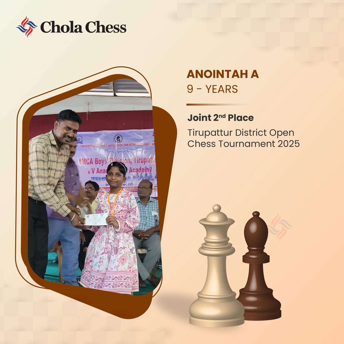 Anointah A continues her impressive run with strong performances across tournaments — combining focus, strategy, and a love for the game. #CholaChess #CSRinitiative #FutureGrandmaster #MakeEveryMoveCount #ChessChampions #ChessIndia
