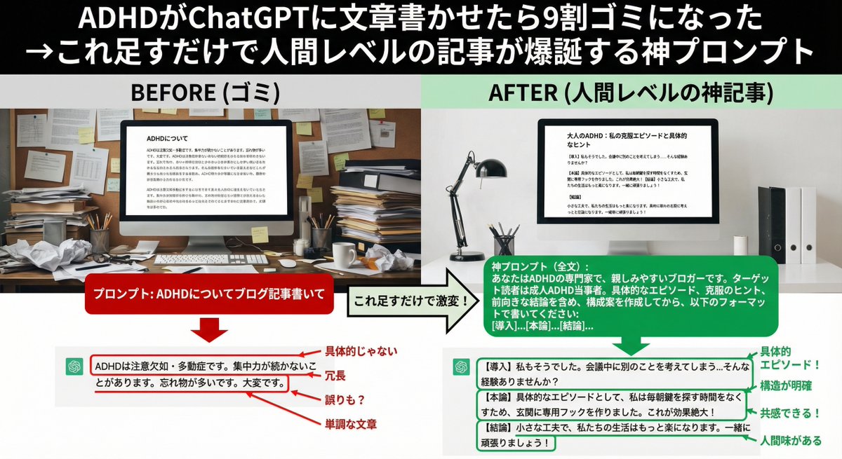 unixi_ai's tweet image. ADHDがChatGPTに文章書かせたら9割ゴミになった
→これ足すだけで人間レベルの記事が爆誕する神プロンプト
実際のビフォーアフター画像付きでプロンプト全文公開してみた※Geminiちゃんが。