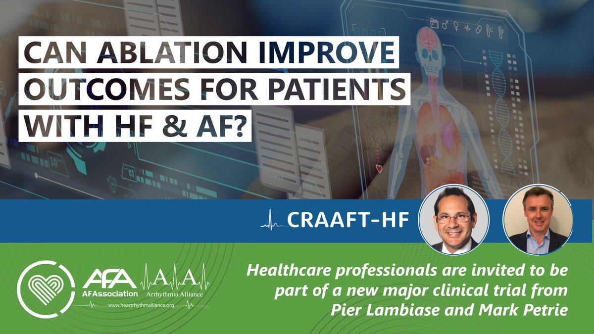 AtrialFibUK's tweet image. Do you care for patients with heart failure &amp;amp; AF? The #CRAAFTHF trial is now enrolling! Refer eligible patients (LVEF &amp;lt;50%, AF ≤3 yrs, recent symptoms/hospitalisation) or share info: 🌐 craaft-hf.mailchimpsites.com 📧 craaft-hf-cvctu@qmul.ac.uk #HeartFailure #AtrialFibrillation