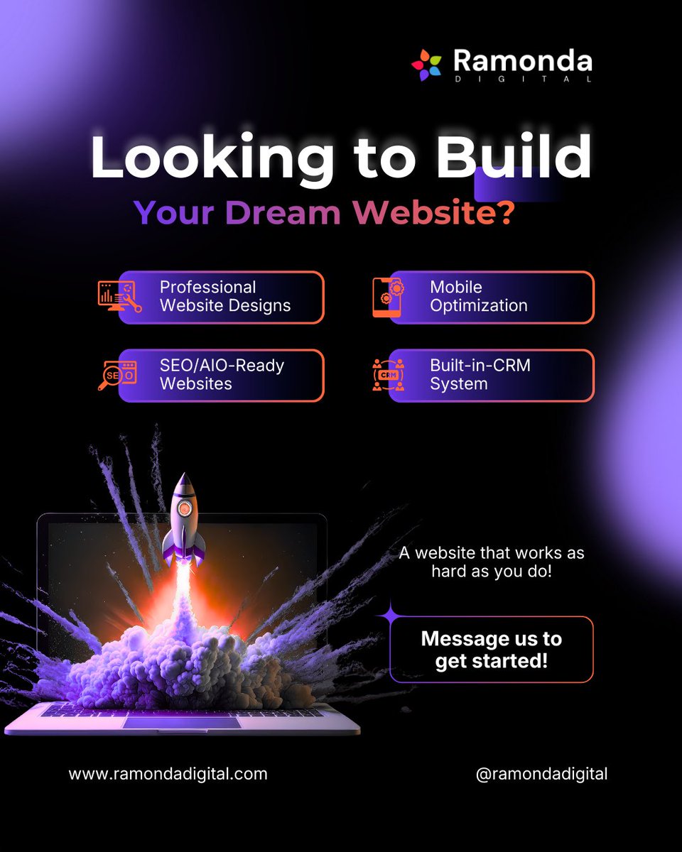 Ready for your dream website? 🚀 We build professional, mobile-optimized sites that are SEO/AIO-ready with a built-in CRM. A website that works as hard as you do! Message us to get started. #WebDev #DigitalMarketing #RamondaDigital