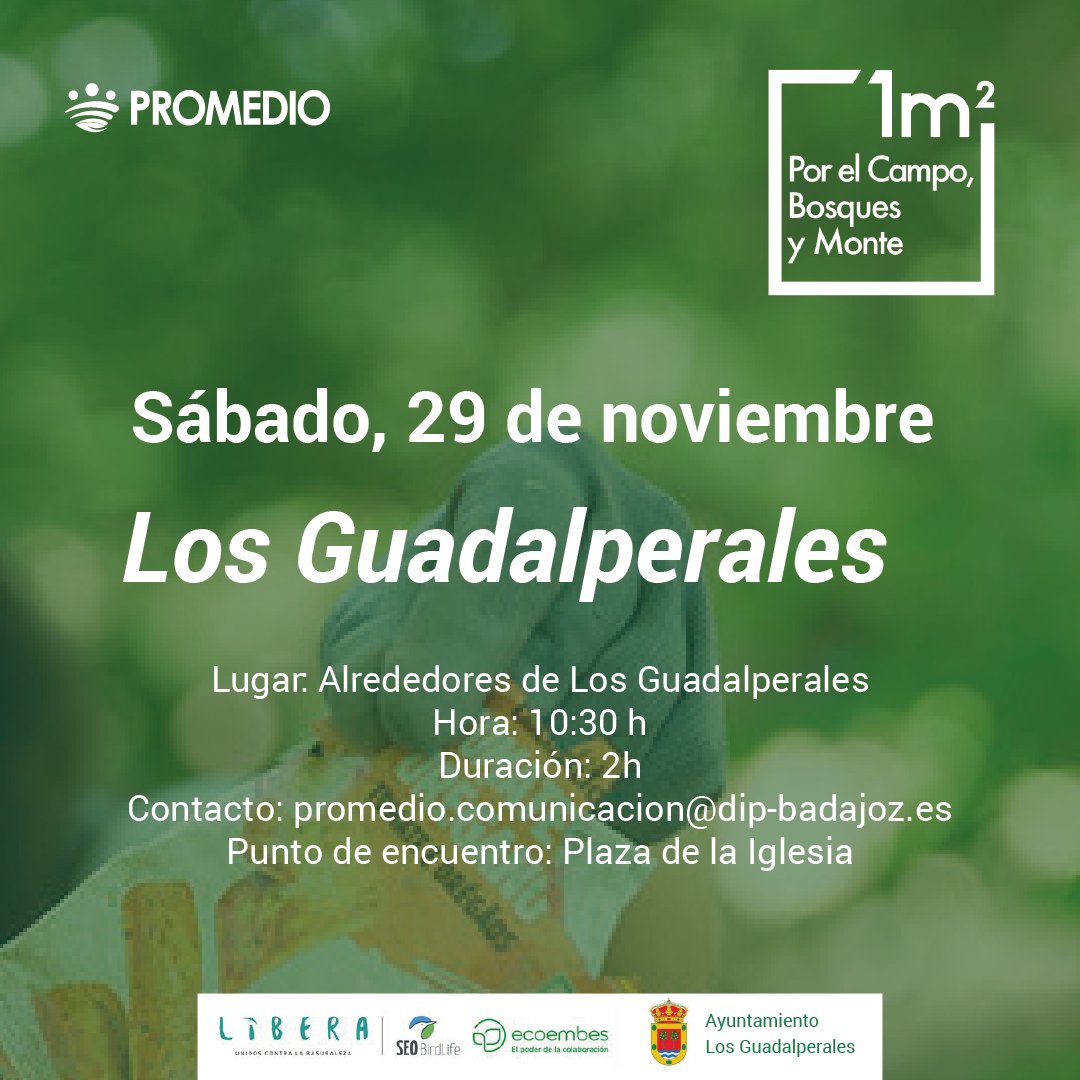 PromedioBadajoz's tweet image. ¡Ya está aquí una nueva edición de #1m2! 
Libera a la naturaleza de basura dispersa en estas tres jornadas que hemos preparado en Los Guadalperales, Valle de Matamotos y Valle de la Serena.

En colaboración con #ProyectoLibera, @ecoembes , @SEO_BirdLife y los ayuntamientos.