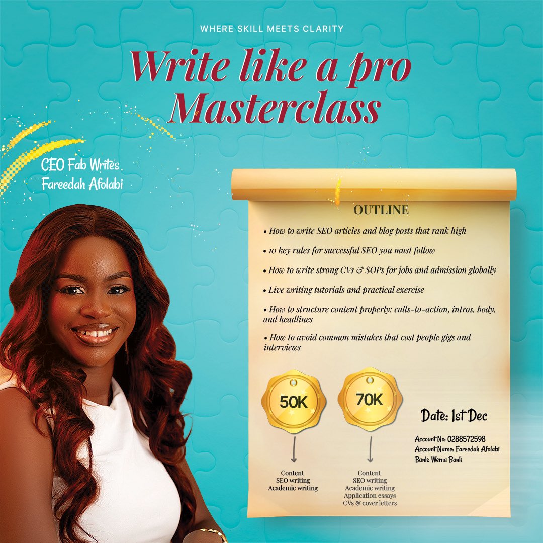 faree_for_real's tweet image. The second cohort of #WriteLikeaProMasterclass is here!🎉

We’ll be having five comprehensive classes on high-paying writing skills. The first class is 💯FREE for the first 10 people to register. I’m also offering a 10k discount for the first five people to pay pay for any…