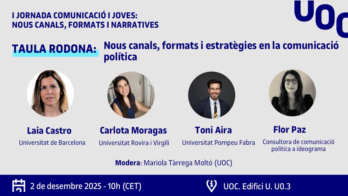 Com es comuniquen els partits polítics amb els públics més joves? 
 
2/12 Moderaré una taula rodona amb grans expertes sobre el tema <a href="/laiacastroh/">Laia Castro</a> <a href="/carlotamoragas/">carlota moragas-fernández</a> <a href="/toniaira/">Toni Aira</a> <a href="/FlorPazok/">Flor Paz</a> 

Oberta a tothom, apunta't: symposium.uoc.edu/143354/program…