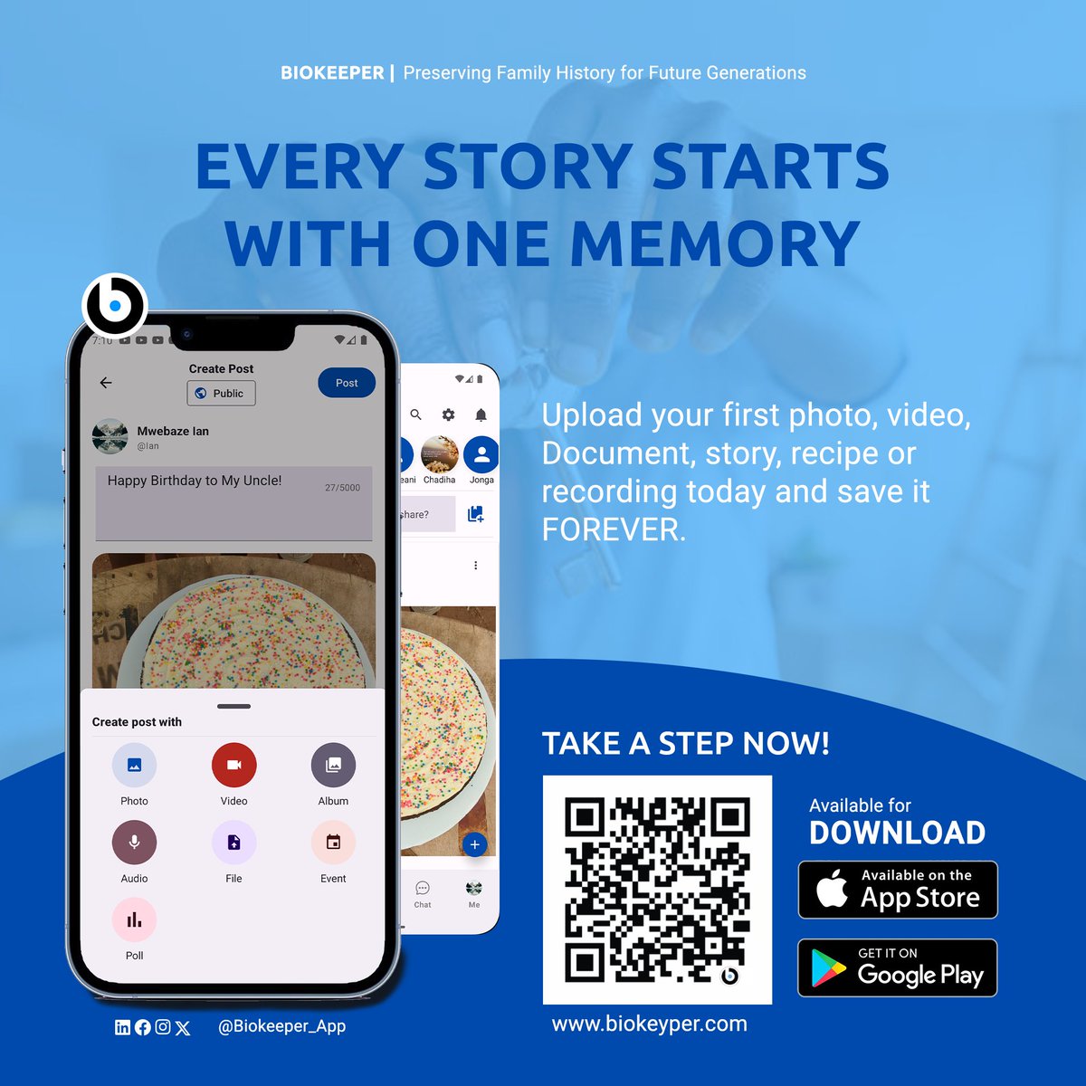 Biokeeper_App's tweet image. Every story starts with one memory.
What's yours?

We all have those golden moments we wish we could freeze in time like a family recipe, a heartfelt recording, or a classic "Happy Birthday" post to an uncle.

We help families safeguard their most cherished history FOREVER.
