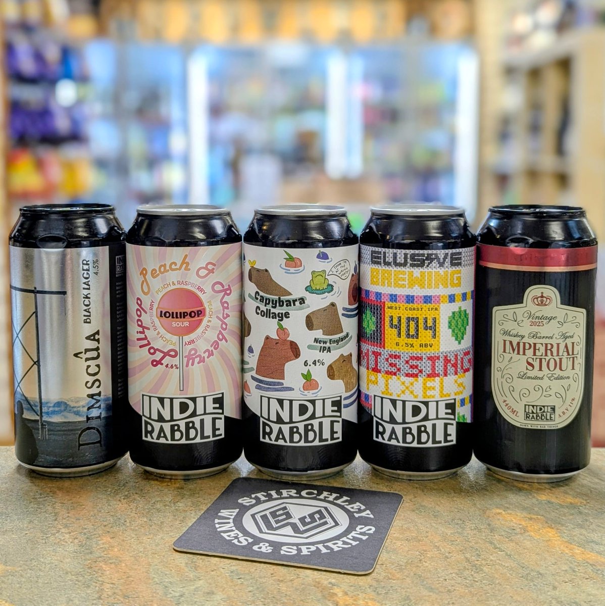 Those good eggs <a href="/IndieRabble/">Indie Rabble Brewing Company</a> have  sent us delicious new beer! 🍻

​Incl. their new limited run BA Imperial Stout.

🍺​Dimscûa - 4.5%
🍻Lollipop Sour - 4.6%
🍺Capybara Collage - 6.4%
🍻Missing Pixels - 6.5%
🍺Whiskey BA Imperial Stout 2025 - 11%

​#ShopIndependent #VivaStirchley