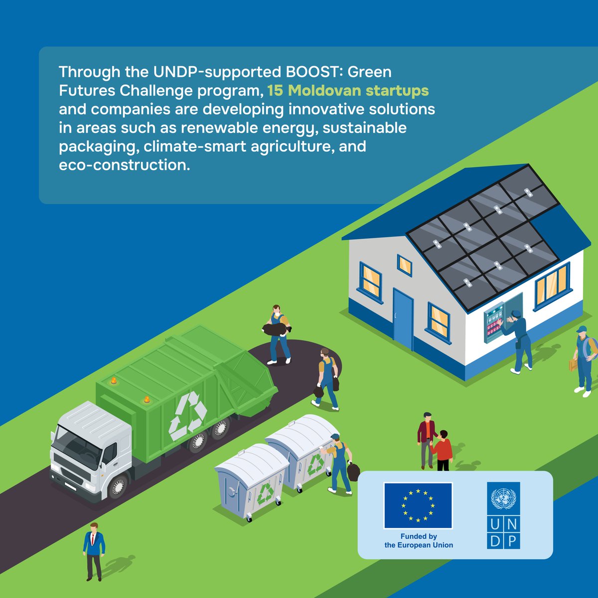 UNDPMoldova's tweet image. Green jobs boost the economy while protecting people &amp;amp; nature.
With UNDP &amp;amp; 🇵🇱 support, 15 🇲🇩 companies develop innovative solutions in renewable energy, sustainable packaging, climate-smart agriculture &amp;amp; eco-construction. Let us join efforts to advance the #GreenTransition!
