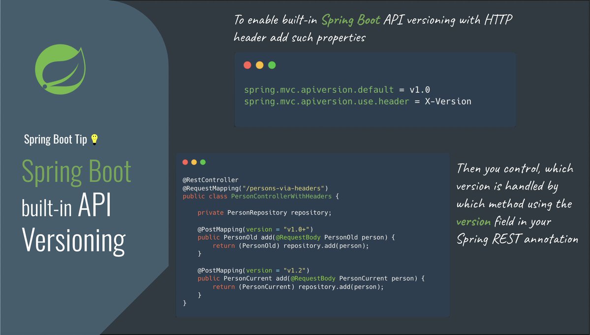 piotr_minkowski's tweet image. Spring Boot Tip 💡🍃

You can enable the built-in Spring API versioning feature with a single configuration property. See how 👇

#springboot4 #restapi #apiversioning #springmvc