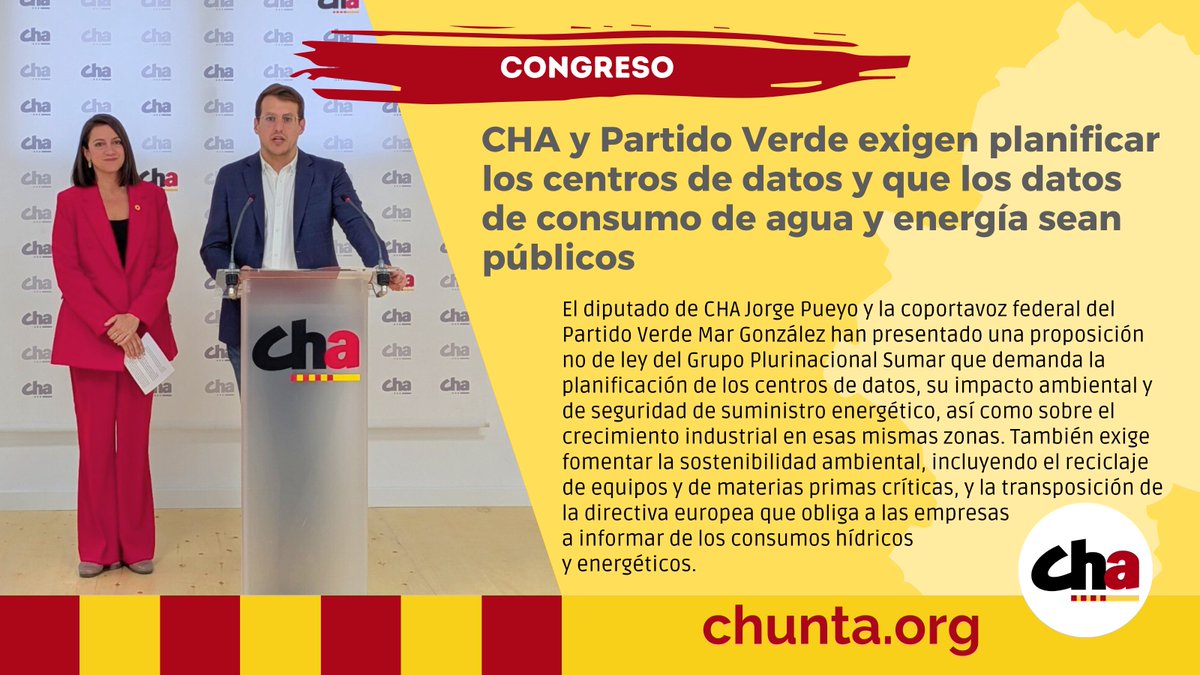 💾 CHA y Partido Verde exigen planificar los centros de datos y que los datos de consumo de agua y energía sean públicos

<a href="/jorge_pueyo95/">Jorge Pueyo</a> y <a href="/MarGlezBaez/">Mar González 🌻🍉</a> han presentado una PNL del Grupo Sumar que demanda planificar los centros de datos y su impacto

🔗 chunta.org/cha-y-partido-…