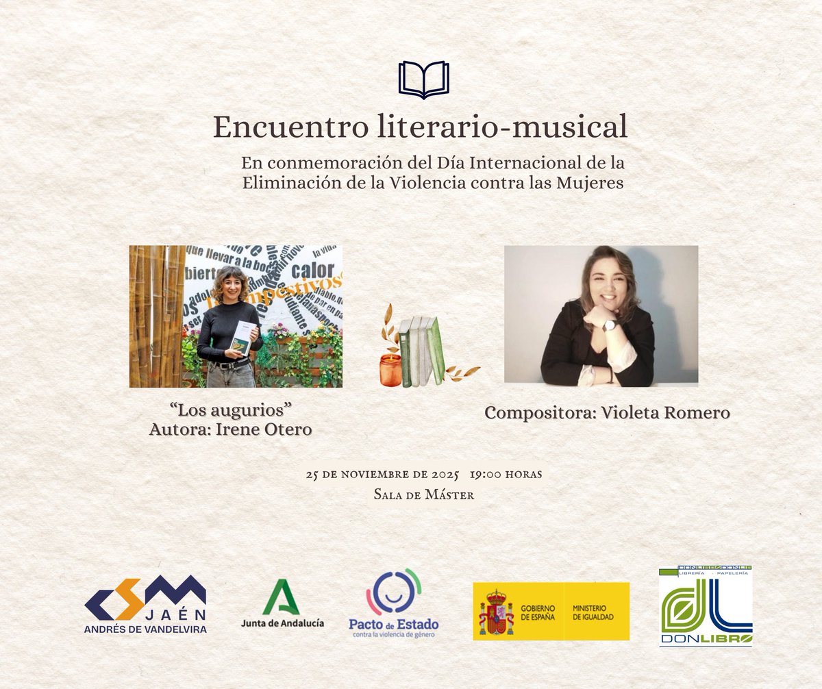 𝗘𝗡𝗖𝗨𝗘𝗡𝗧𝗥𝗢 𝗟𝗜𝗧𝗘𝗥𝗔𝗥𝗜𝗢-𝗠𝗨𝗦𝗜𝗖𝗔𝗟 📖🎼

El próximo 25 de noviembre presentaremos “Los augurios”, la nueva obra de Irene Otero, con quien tendremos un diálogo abierto sobre la creación.

Información e inscripciones ➡️ csmjaen.es/es/node/1921

¡Te esperamos! ✨🤩