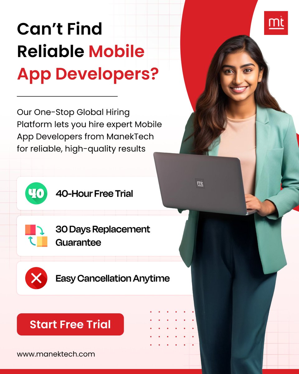 ManekTech's tweet image. Struggling to find reliable and skilled Mobile App Developers for your project?

With ManekTech, you get access to a One-Stop Global Hiring Platform that connects you with expert app developers.

Contact @ManekTech.

𝐖𝐡𝐚𝐭𝐬𝐀𝐩𝐩: wa.me/+918511428441

#MobileAppDevelopers