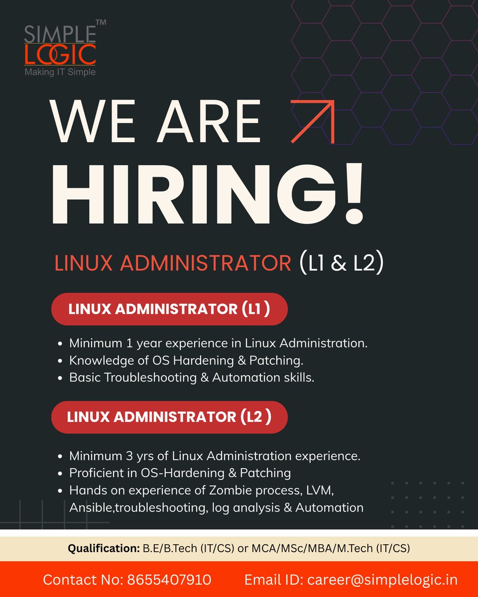 SimpleLogic_IT's tweet image. We’re Hiring – Linux Admin (L1 &amp;amp; L2)!

✔ L1: 1+ year experience, OS Hardening, Patching, Basic Troubleshooting
✔ L2: 3+ years experience, LVM, Ansible, Automation, Log Analysis

📩 Apply Now: docs.google.com/forms/d/11kPt1…

📞 Contact: 8655407910

#LinuxAdmin #ITJobs #SimpleLogic