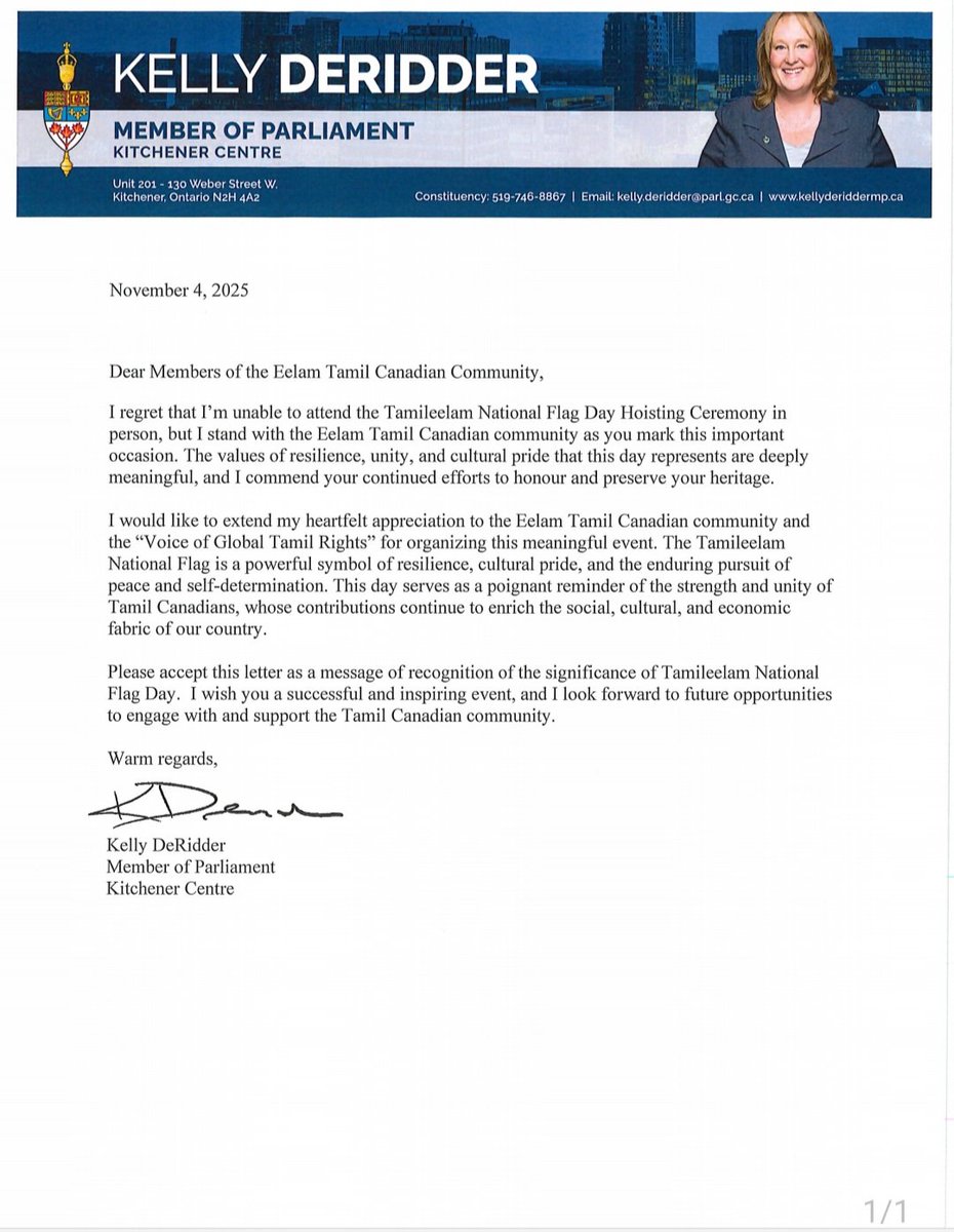 VoiceCounts1's tweet image. கனேடிய-Ontario பாராளுமன்றின் Kelly Derider @KellyDeRidderMP அவர்கள் (MP - Ontario Kitchener centre) உலகத்தமிழர் உரிமைக்குரல் அமைப்பின் முன்னெடுப்பை வாழ்த்தி அனுப்பிய செய்தி.
------------------------------
நவம்பர் 4, 2025
அன்பார்ந்த ஈழத் தமிழர் கனடிய சமூக உறுப்பினர்களுக்கு,…