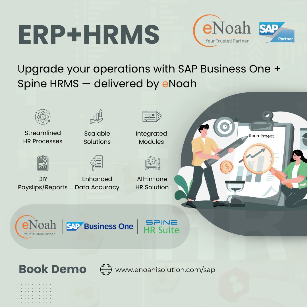 enoahisolution's tweet image. SAP Business One + Spine HRMS from eNoah gives you one powerful, integrated system to run your business efficiently. Book Demo: bit.ly/3ME9oXW

#eNoah #SAPBusinessOne #SpineHRMS #HRMS #BusinessAutomation #BusinessGrowth