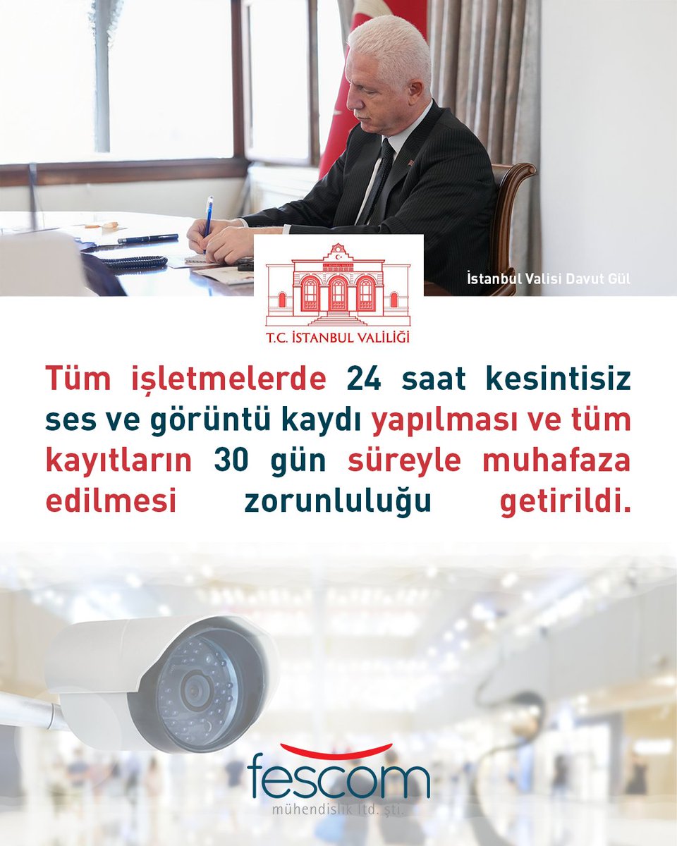 fescommuh's tweet photo. 📢 Tüm işletmelerde 24 saat kesintisiz görüntü kaydı yapılması ve kayıtların 30 gün süreyle saklanması artık zorunlu.
#Fescom #FescomMühendislik #işletme #Kamera #Ses #Zorunluluk #istanbulvaliliği #IPCCTV #VMS #Seslendirme #ElektronikGüvenlik #ÇevreGüvenlik https://t.co/yCL56fyZsz