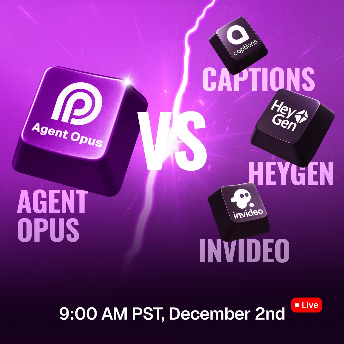 AgentOpusAI's tweet image. A lot of tools brand themselves as “AI agents for video creation” nowadays, but how many can actually deliver stunning videos?

Join us on December 2nd at 9AM PST for a live showdown between @AgentOpusAI, @HeyGen_Official, @invideoOfficial, and @trymirage (Captions). You will…