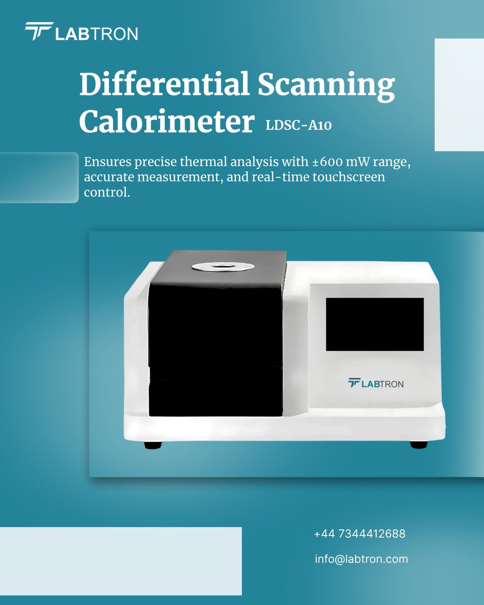 LabtronEquip's tweet image. Labtron Differential Scanning Calorimeter LDSC-A10 measures heat flow associated with material transitions, users analyze melting points, and other key properties.
Email:info@labtron.com
Learn more:labtron.com/differential-s…
#Labtron #DifferentialScanningCalorimeter #MaterialTesting