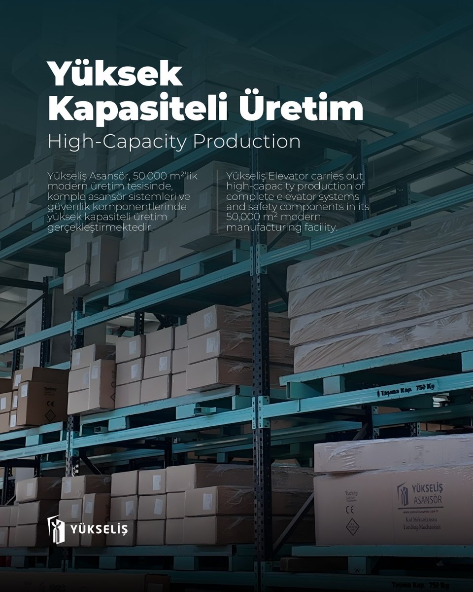 Yüksek Kapasiteli Üretim
Yükseliş Asansör, 50.000 m²’lik modern üretim tesisinde,
komple asansör sistemleri ve güvenlik komponentlerinde yüksek kapasiteli üretim gerçekleştirmektedir.
#asansör #elevator #lift #elevatorfactory #production #factory #yukselis #yükseliş