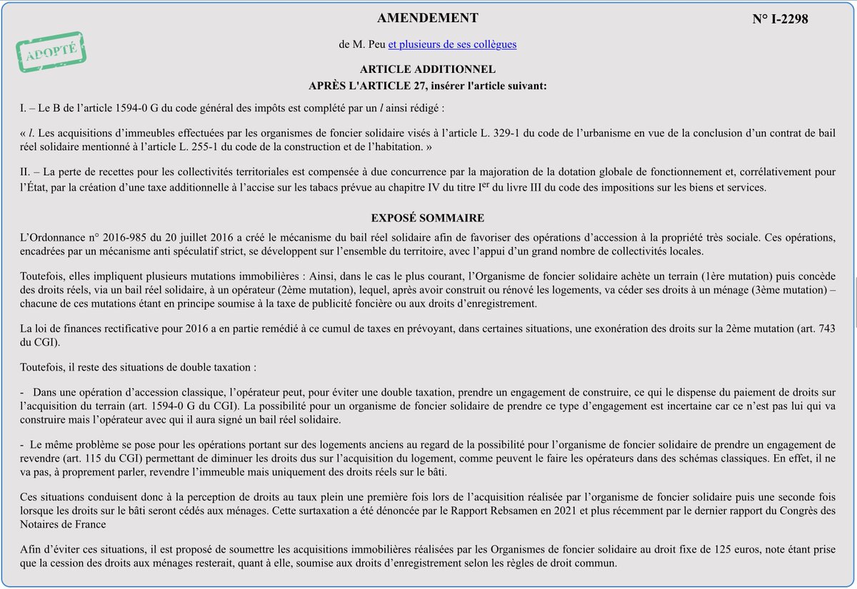 #DirectAN L'amendement de <a href="/stephane1peu/">Stephane Peu</a> visant à supprimer les situations de double taxation imposées dans le cadre de la mise en oeuvre du mécanisme de bail réel solidaire est adopté !