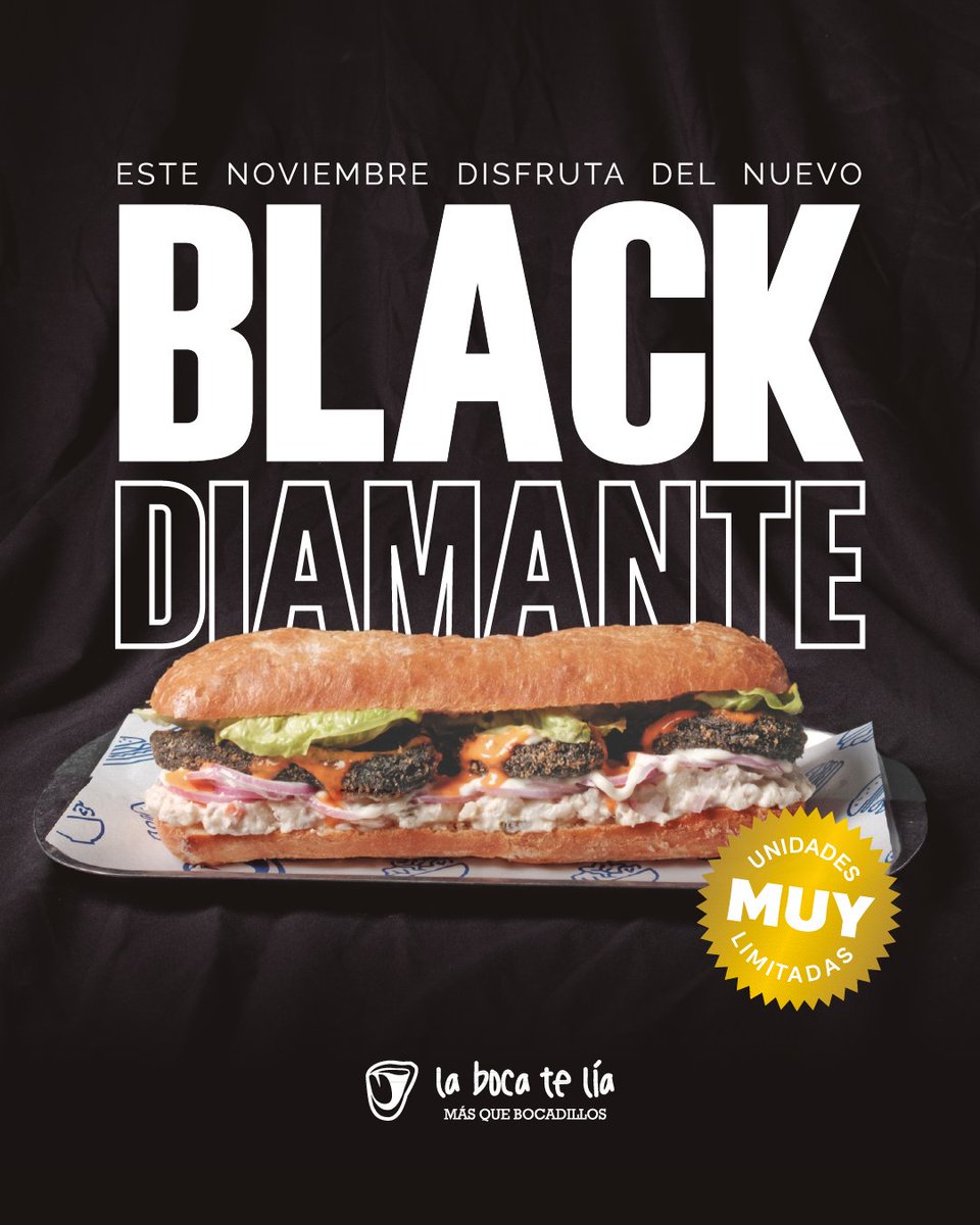 Un bocadillo creado para los días en los que te quieres dar un lujo de verdad ✨
Churros de calamar en su tinta, alioli, mayo sriracha, ensaladilla, lechuga romana y cebolla morada en pan cristal 🤤💙

Este es el #BlackDiamante.
Unidades muy limitadas. ⚠️🔥

#BlackFriday