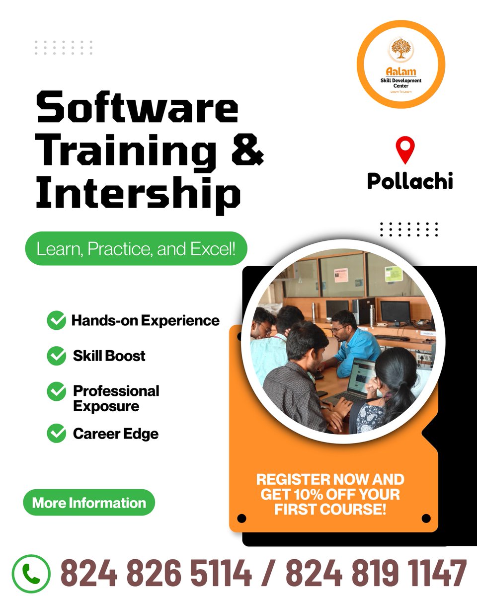 AalamCenter's tweet image. Turn your passion for tech into a career! 💻 Pollachi internship offers mentorship, projects, and job-ready skills. ⚡

#ITInternship #TechLearning #CodeAndCreate #SkillDevelopment #CareerBoost #TechJourney